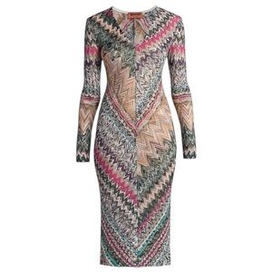 Missoni Multicolor Zig Zag Chevron Metallic Knitted V-Neck Midi Bodycon Dress 4